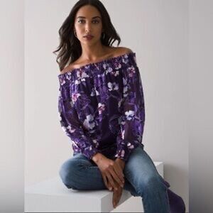 White House Black Market Women's Purple Floral Off-Shoulder Blouse M